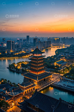 城市古建筑与现代建筑全景