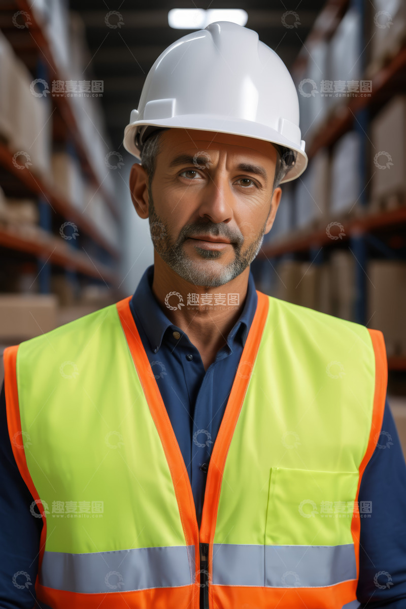 高清大图下载【趣麦麦图】仓库工人穿戴安全帽和反光背心