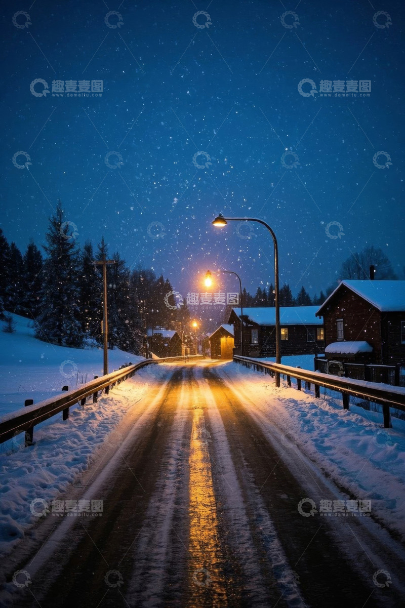 高清大图下载【趣麦麦图】雪夜乡村道路与房屋景象