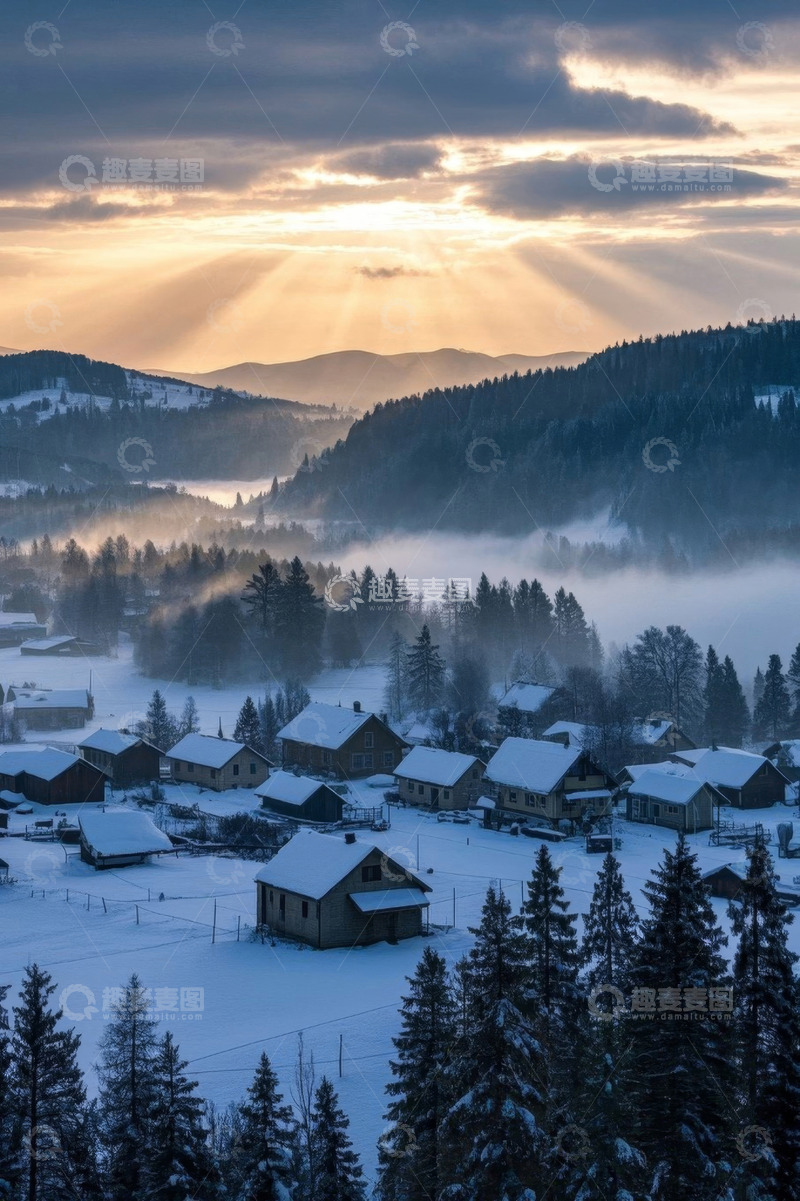 高清大图下载【趣麦麦图】雪后山村日出全景