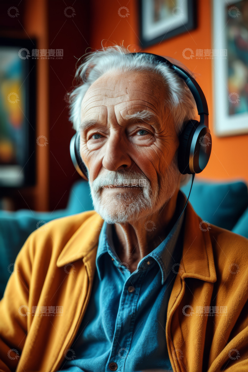 高清大图下载【趣麦麦图】戴耳机的老年男性居家休闲