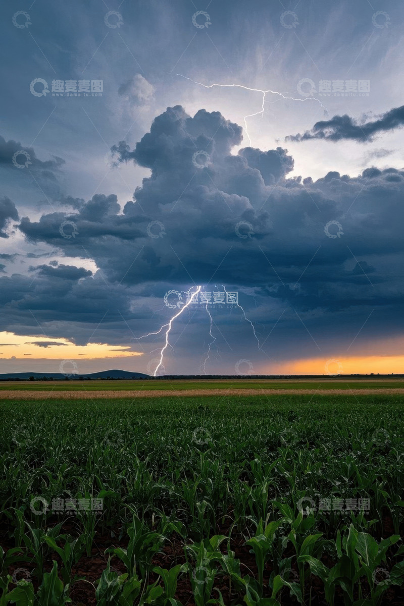 高清大图下载【趣麦麦图】田野上空的闪电与乌云