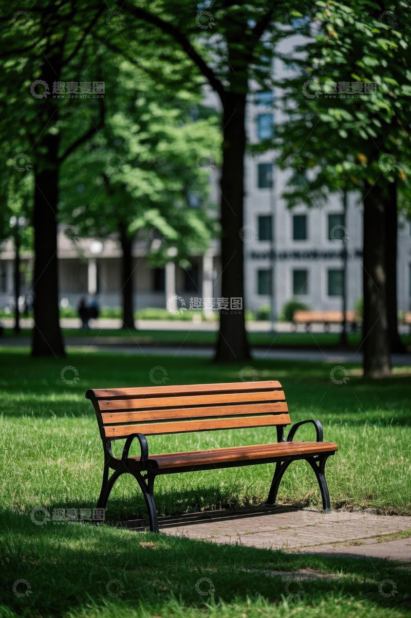高清大图下载【趣麦麦图】公园草地上的木质长凳