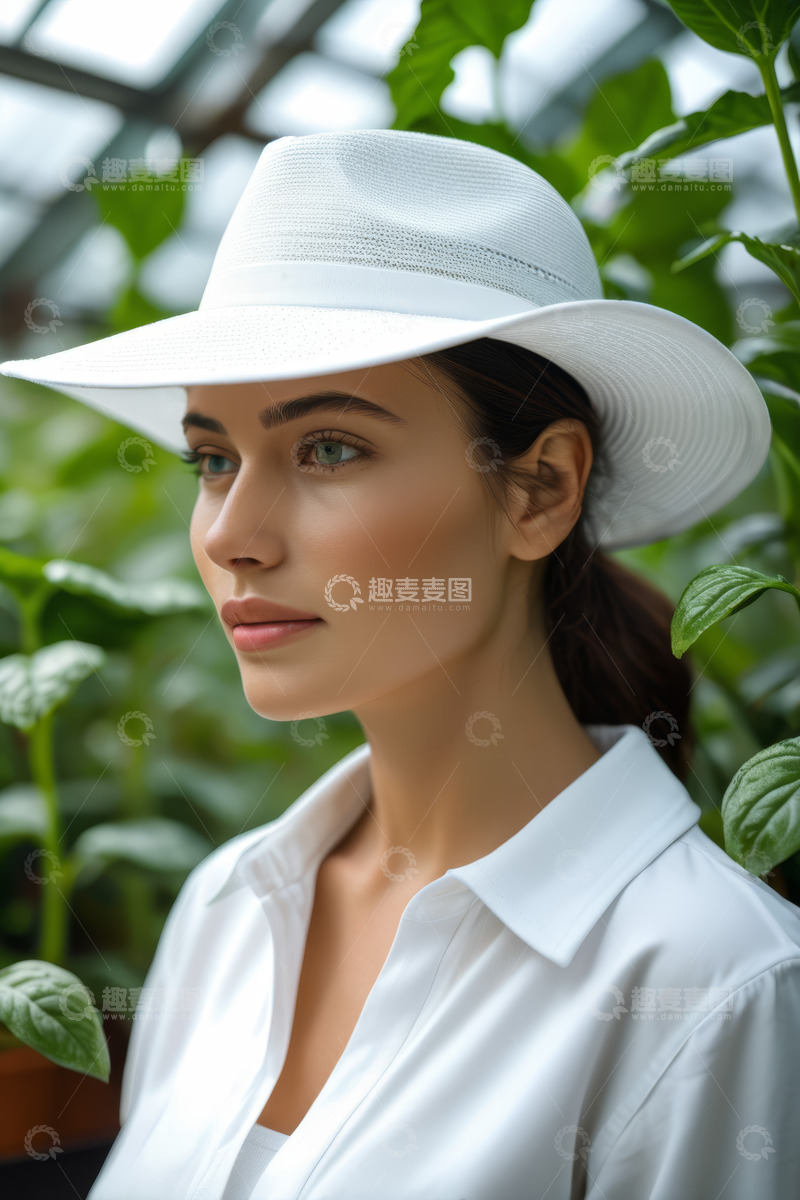 高清大图下载【趣麦麦图】戴白帽穿白衣女人绿植背景特写