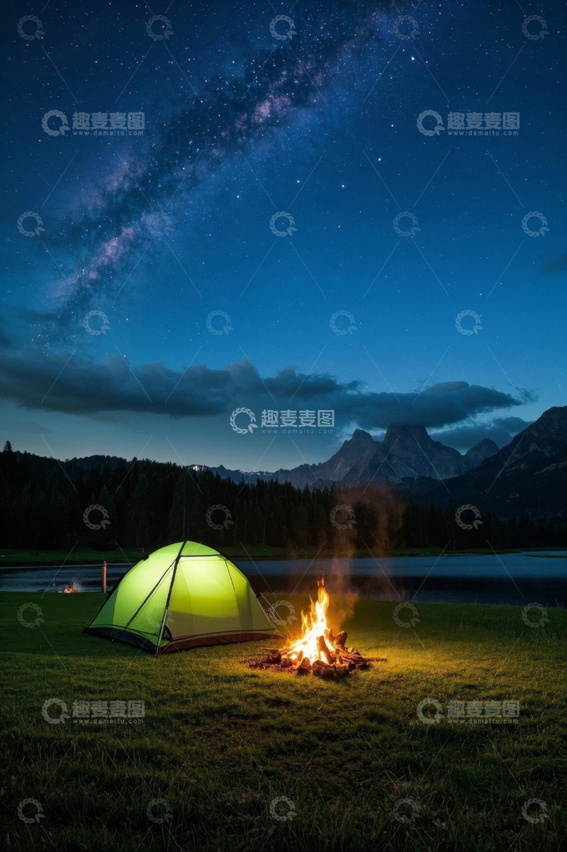 高清大图下载【趣麦麦图】湖畔露营地星空下的帐篷篝火