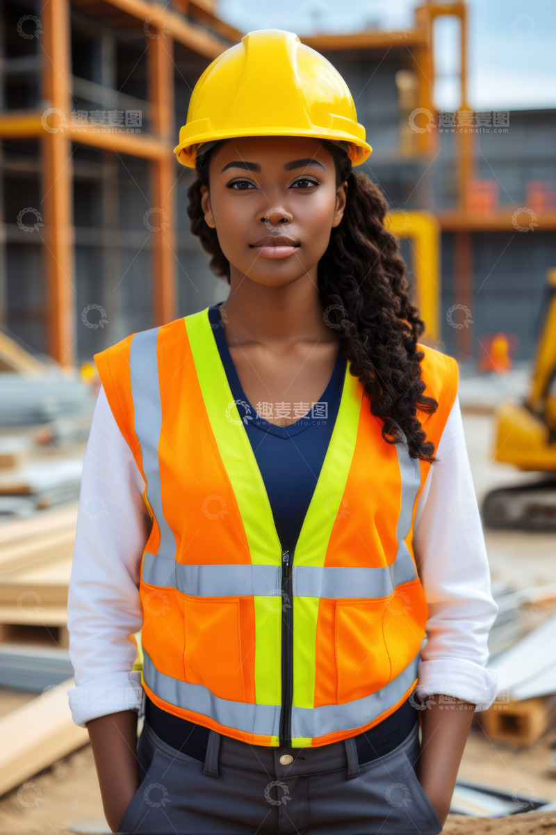 高清大图下载【趣麦麦图】工地戴安全帽穿反光背心的女人