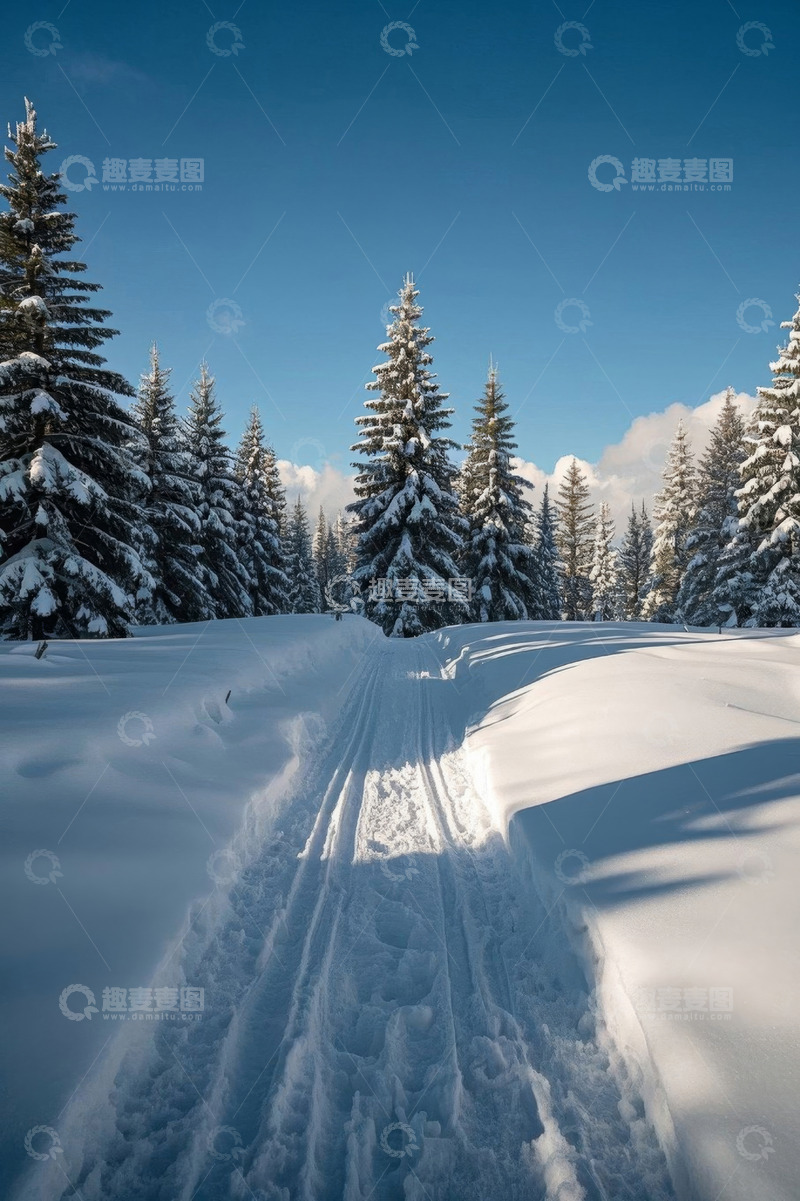 高清大图下载【趣麦麦图】雪后森林中的积雪小路