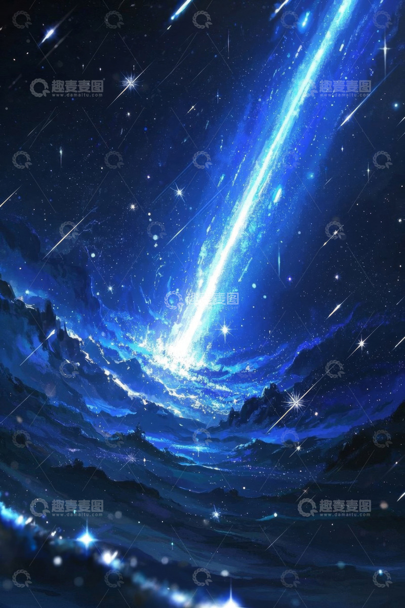 高清大图下载【趣麦麦图】星空下的蓝色光线景象