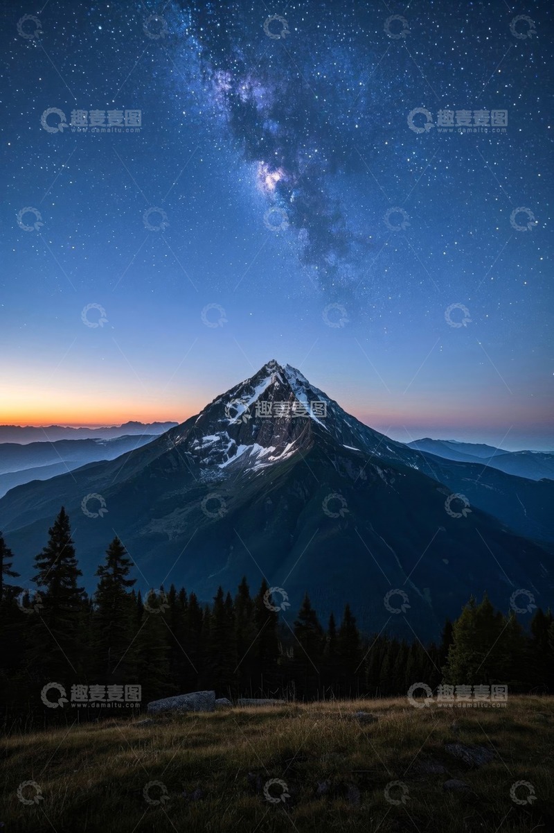 高清大图下载【趣麦麦图】星空下的雪山与森林景观