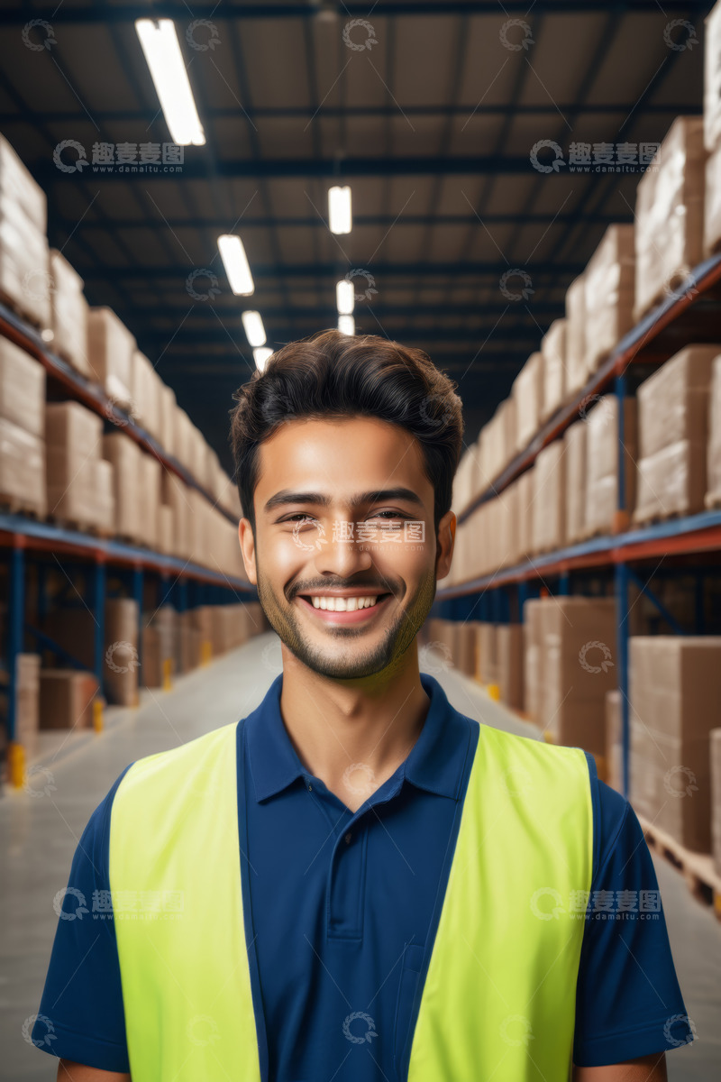 高清大图下载【趣麦麦图】仓库工人穿着反光背心微笑