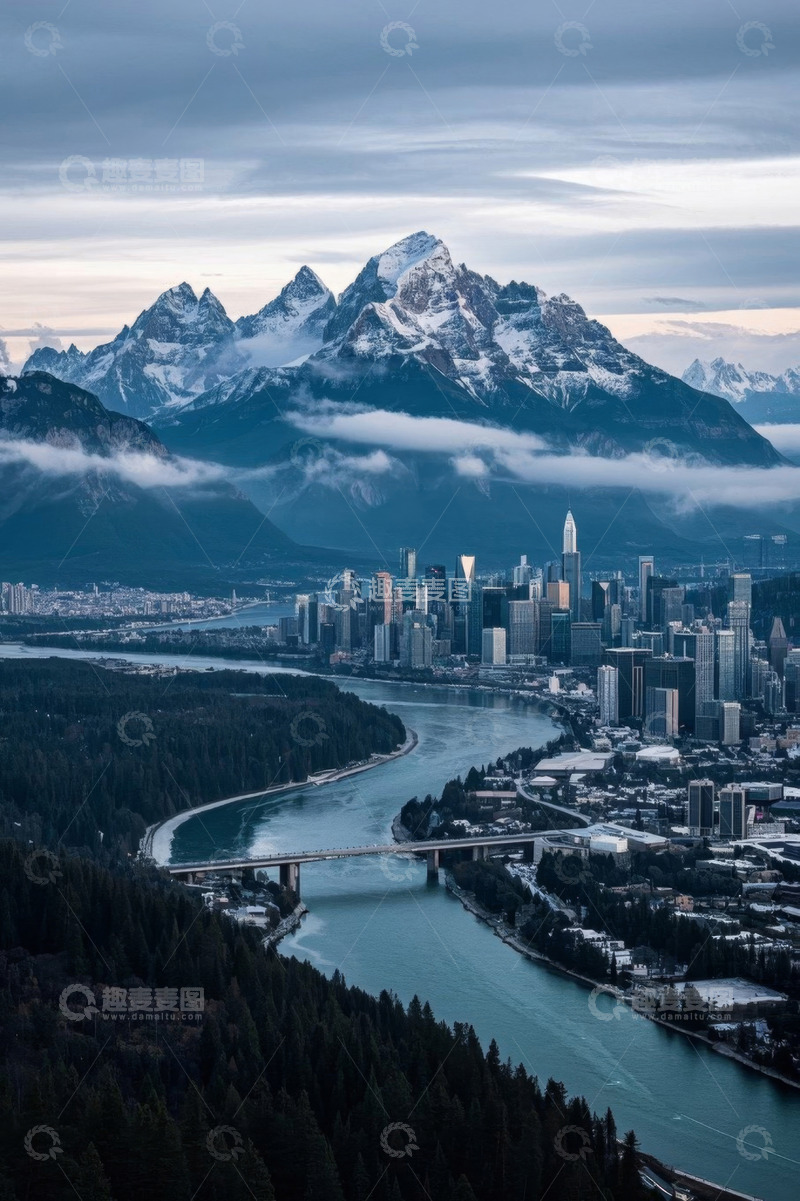 高清大图下载【趣麦麦图】雪山下的城市与河流景观