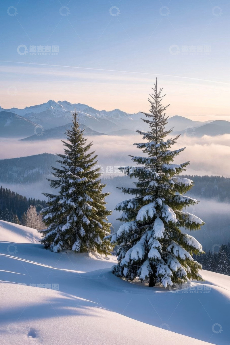 高清大图下载【趣麦麦图】雪山间覆盖积雪的松树景观