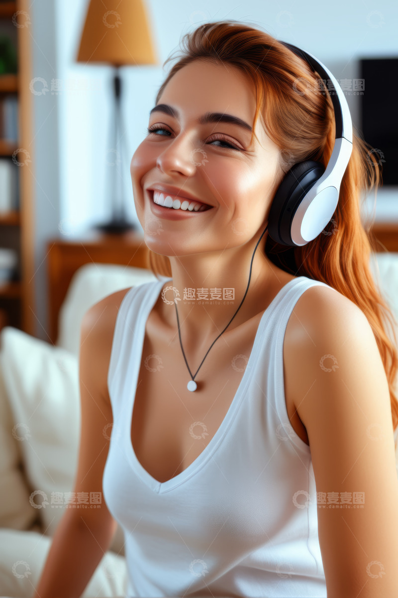 高清大图下载【趣麦麦图】戴耳机微笑的居家女性