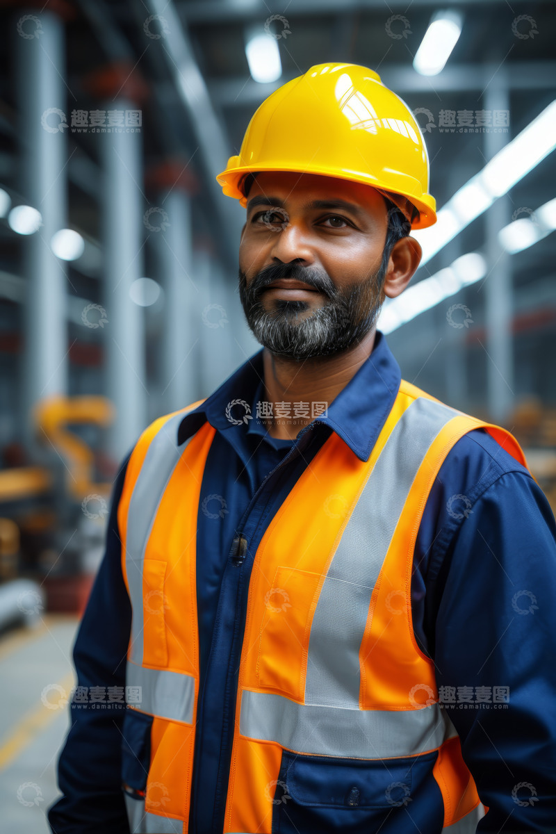 高清大图下载【趣麦麦图】工厂工人穿反光背心戴安全帽