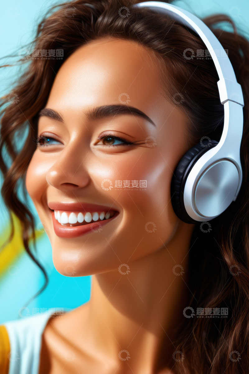 高清大图下载【趣麦麦图】戴耳机微笑的年轻女性