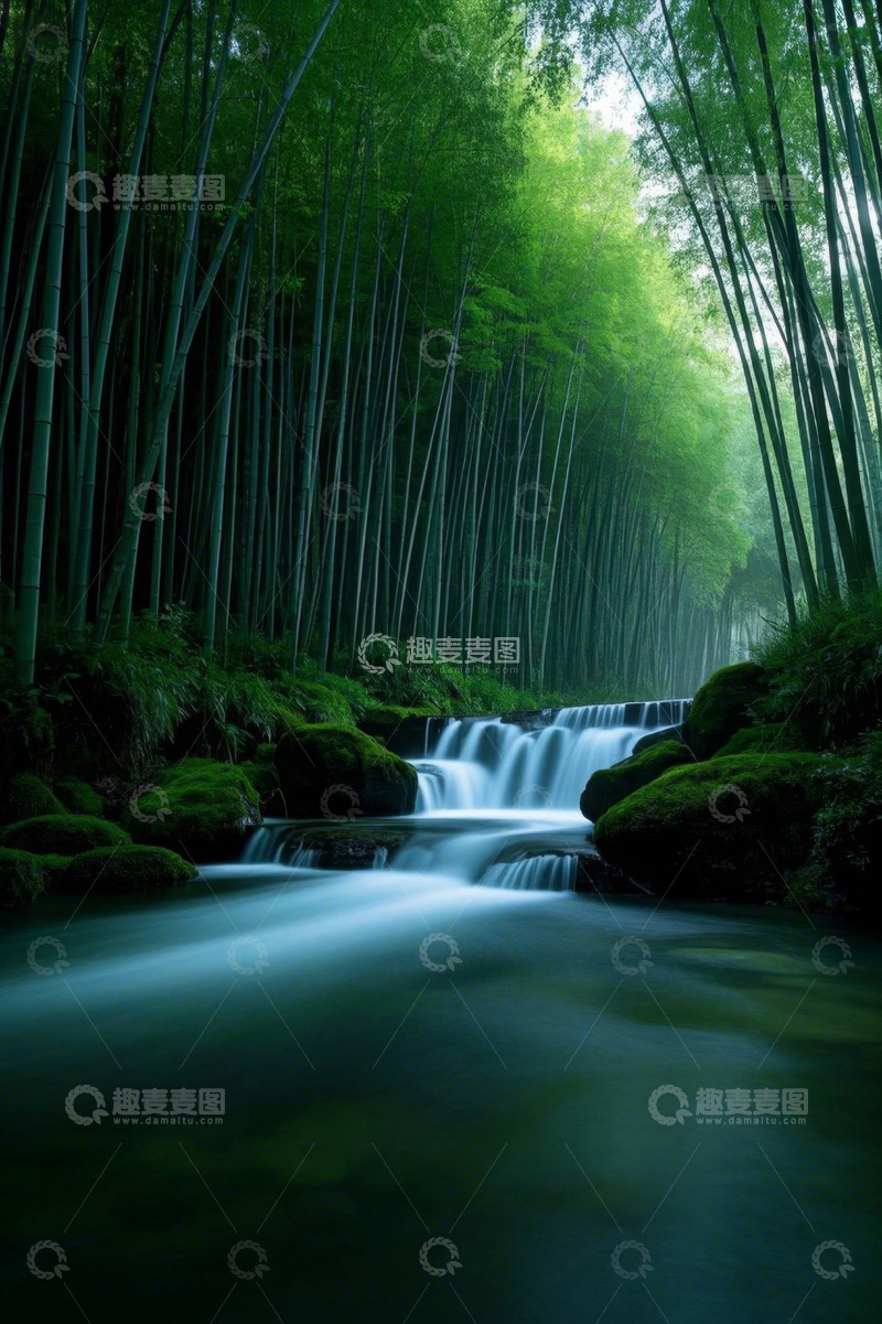 高清大图下载【趣麦麦图】竹林中的溪流风景