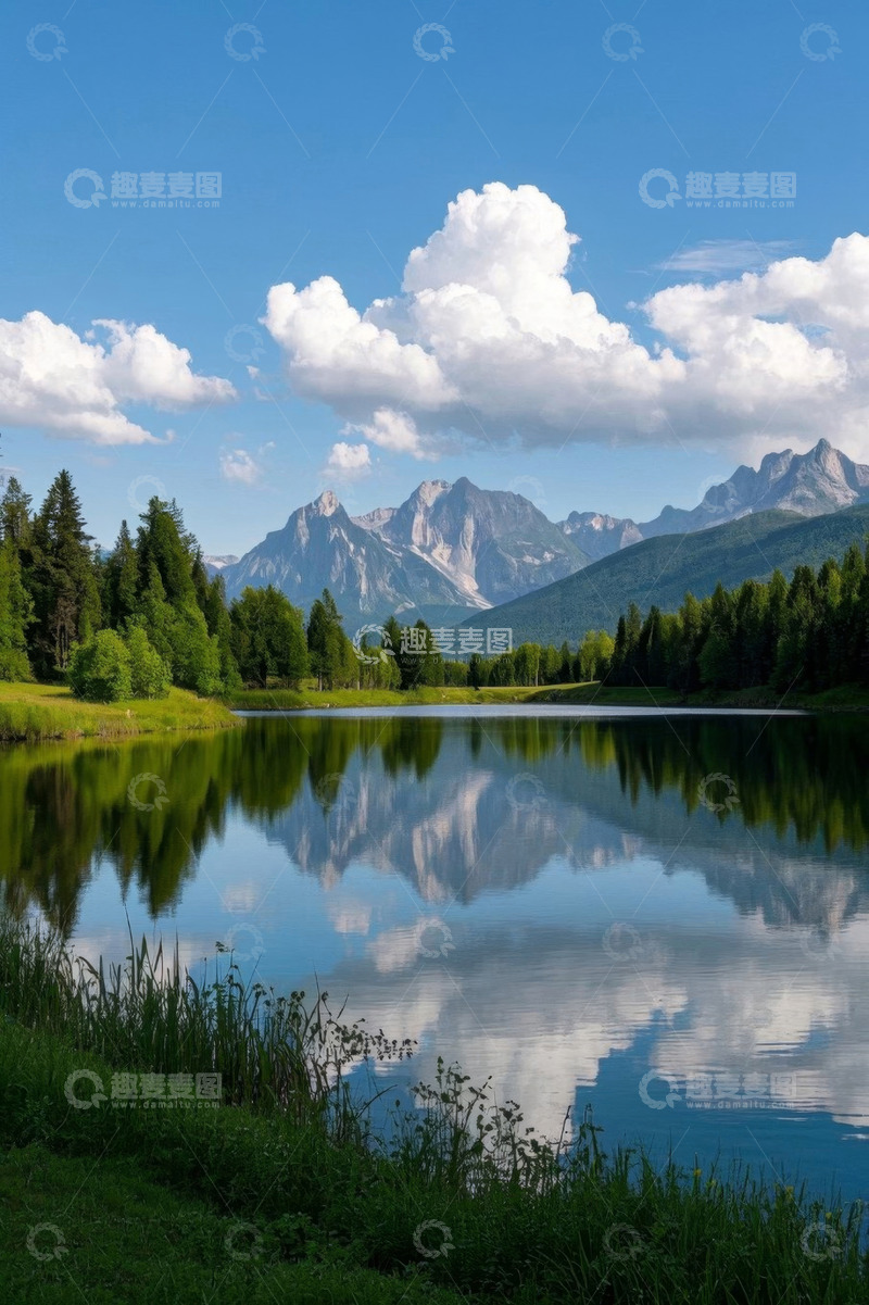 高清大图下载【趣麦麦图】湖边山林与远处山脉自然景观
