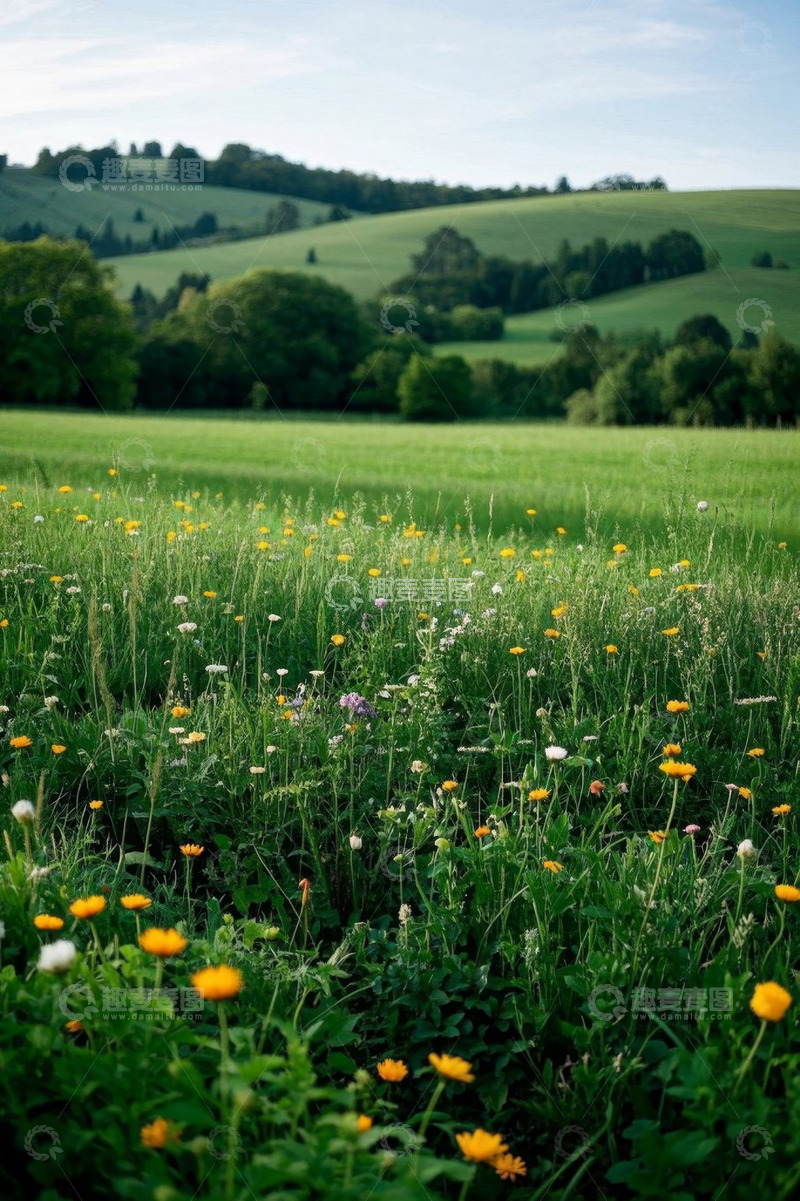 高清大图下载【趣麦麦图】郊外野花盛开的绿色草地