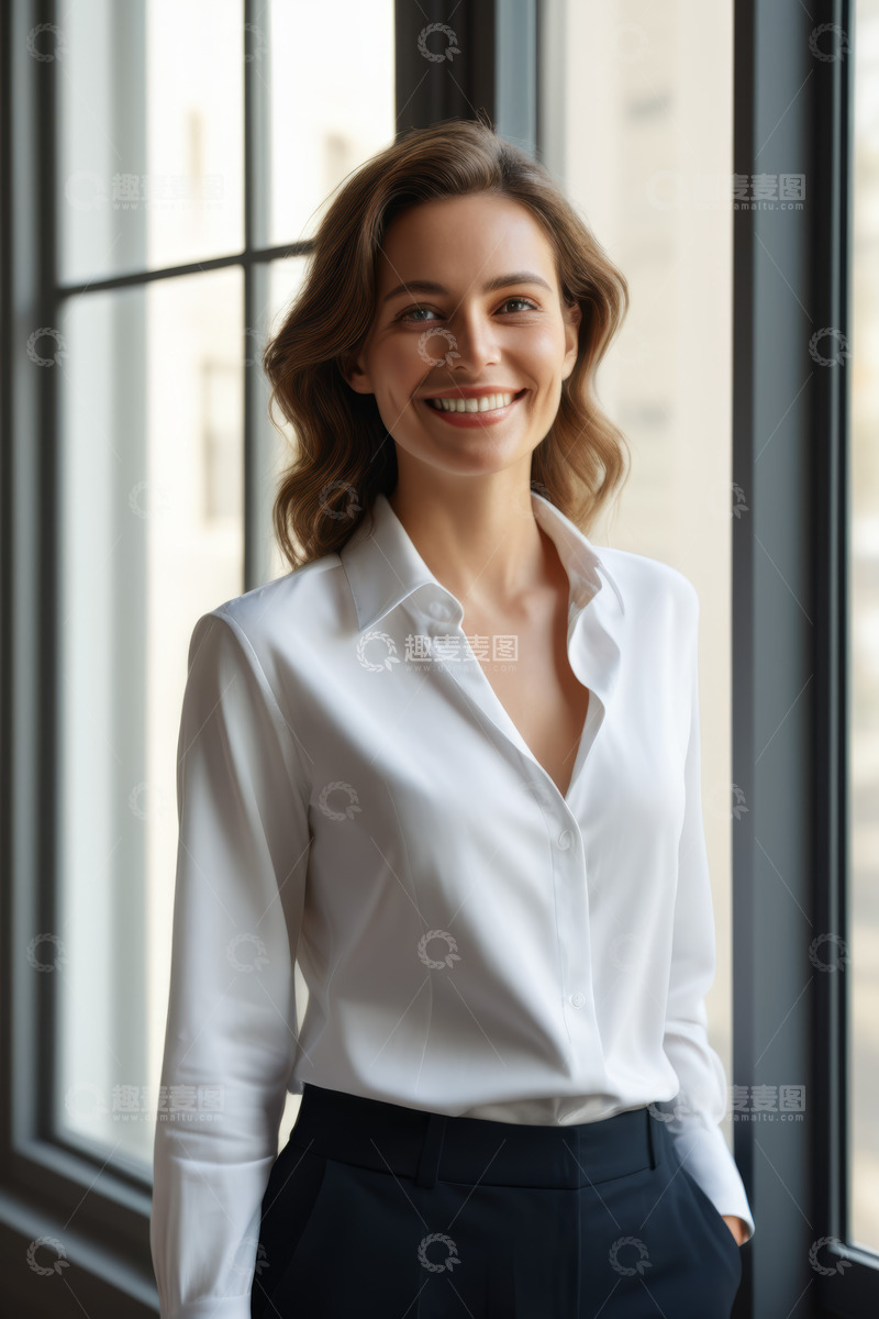 高清大图下载【趣麦麦图】微笑职业女性办公室窗边肖像