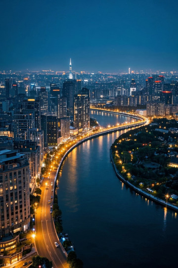 城市夜景河流与高楼俯瞰