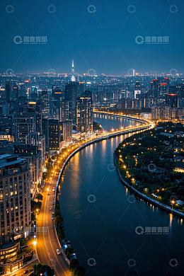 城市夜景河流与高楼俯瞰