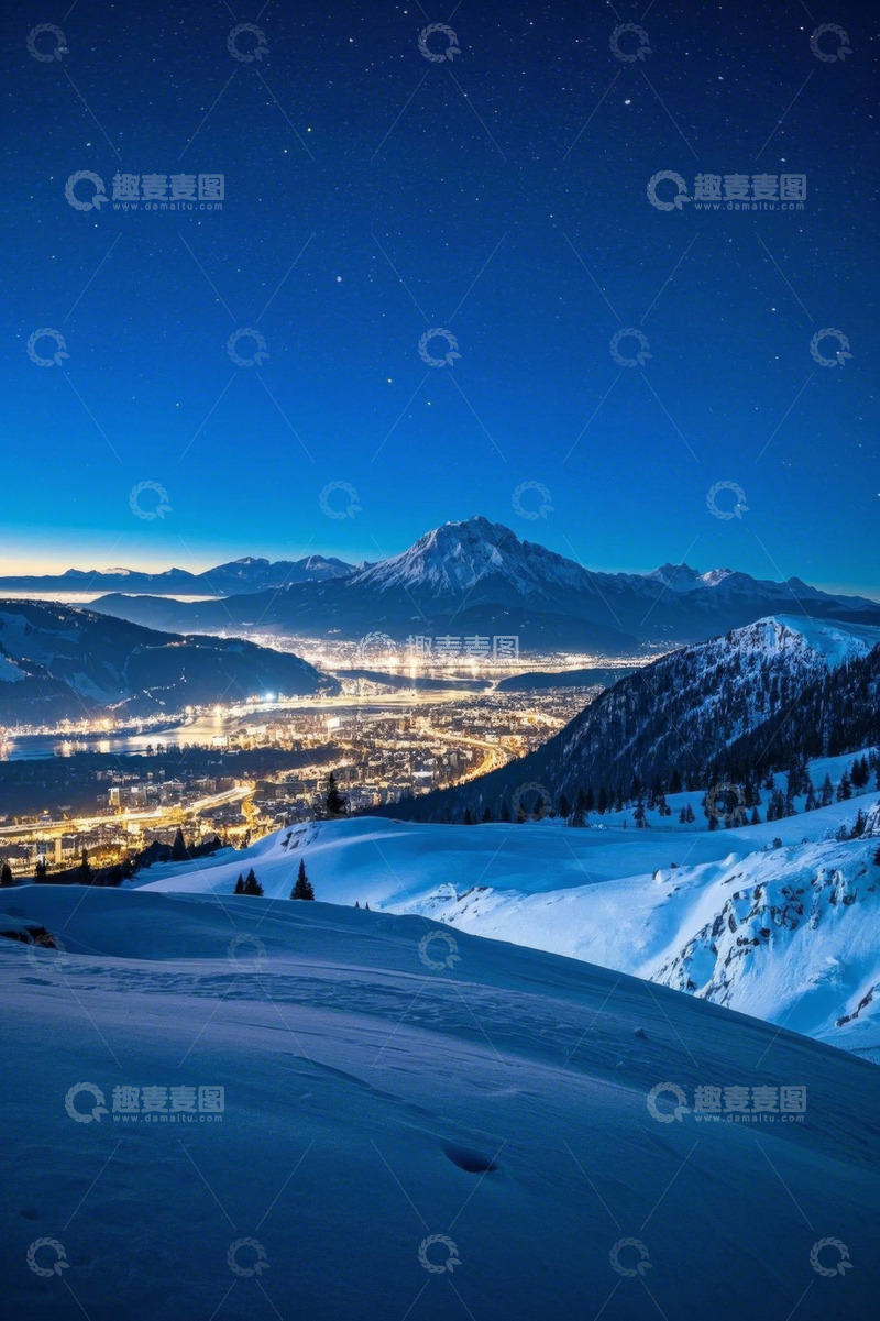 高清大图下载【趣麦麦图】雪山下夜晚灯火璀璨的城市