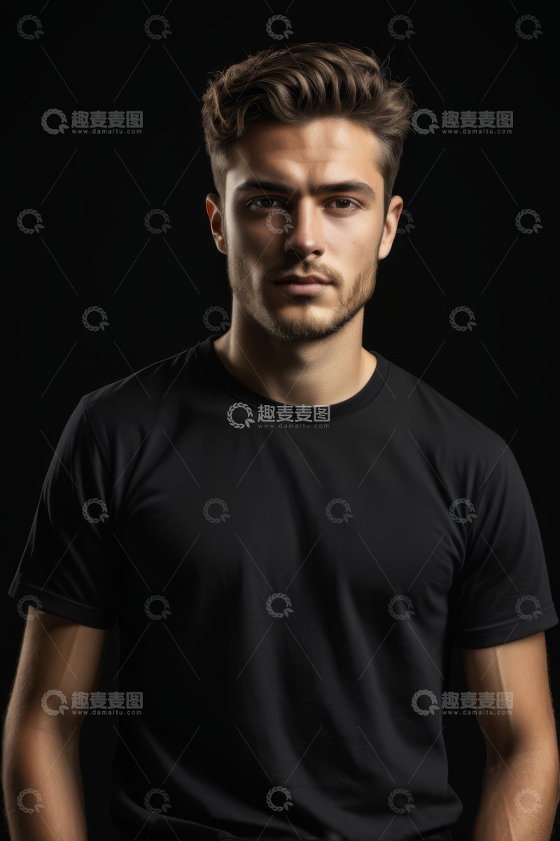 高清大图下载【趣麦麦图】穿黑色T恤男子正面肖像