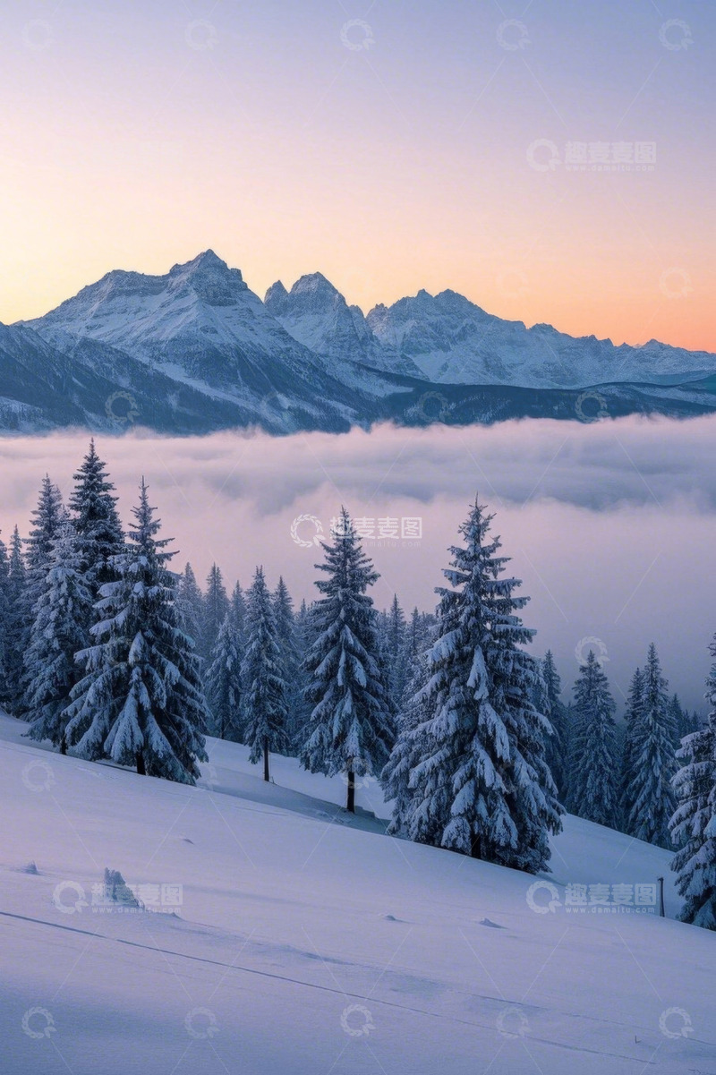 高清大图下载【趣麦麦图】雪覆山林与远山云海景观