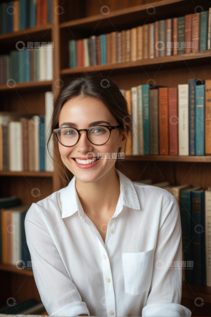 高清大图下载【趣麦麦图】图书馆中微笑的女性