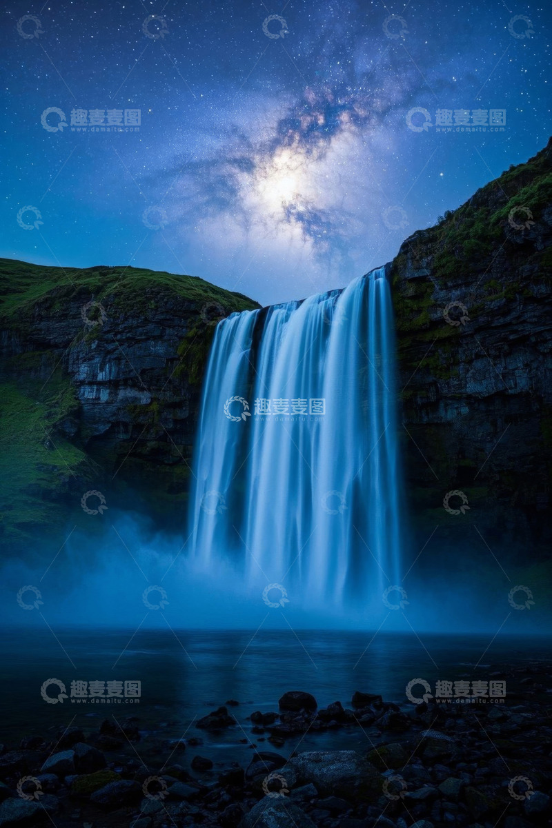 高清大图下载【趣麦麦图】冰岛夜空下的壮丽瀑布景观