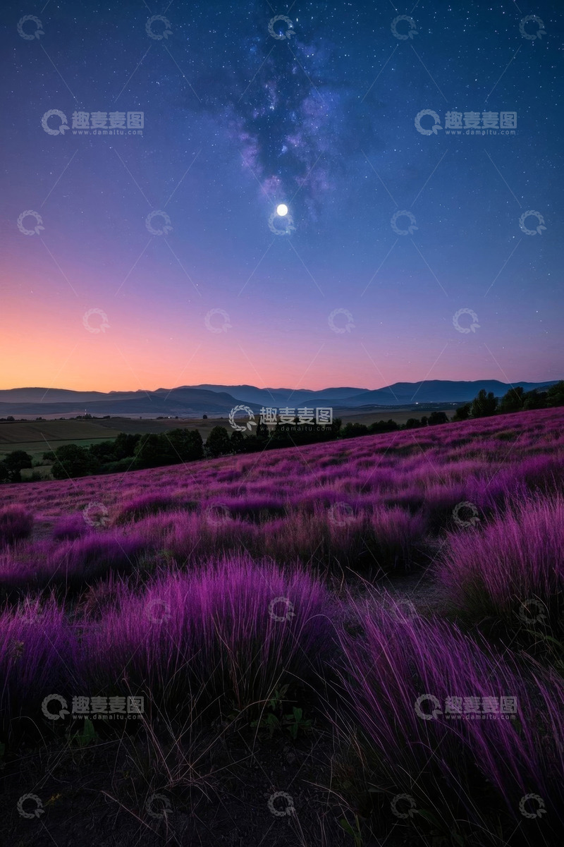高清大图下载【趣麦麦图】月夜下的紫色薰衣草花田
