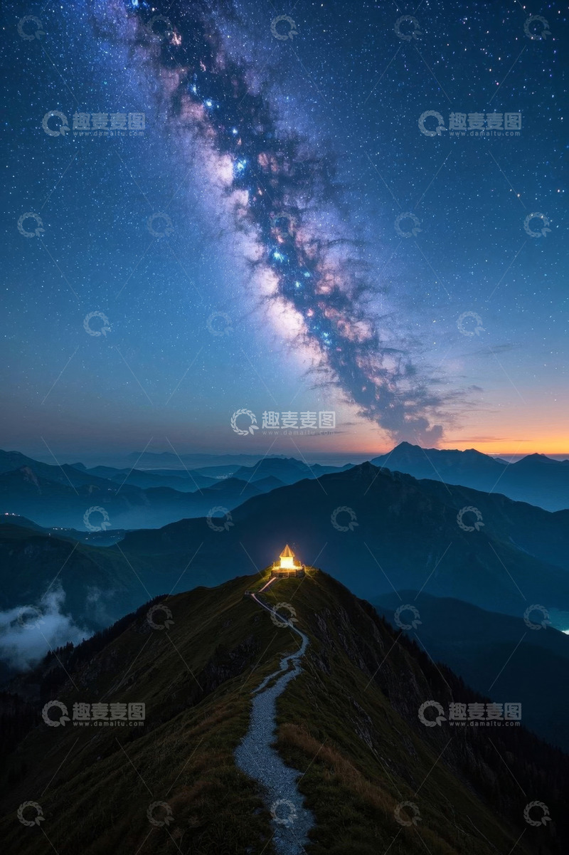 高清大图下载【趣麦麦图】山顶小屋银河星空美景
