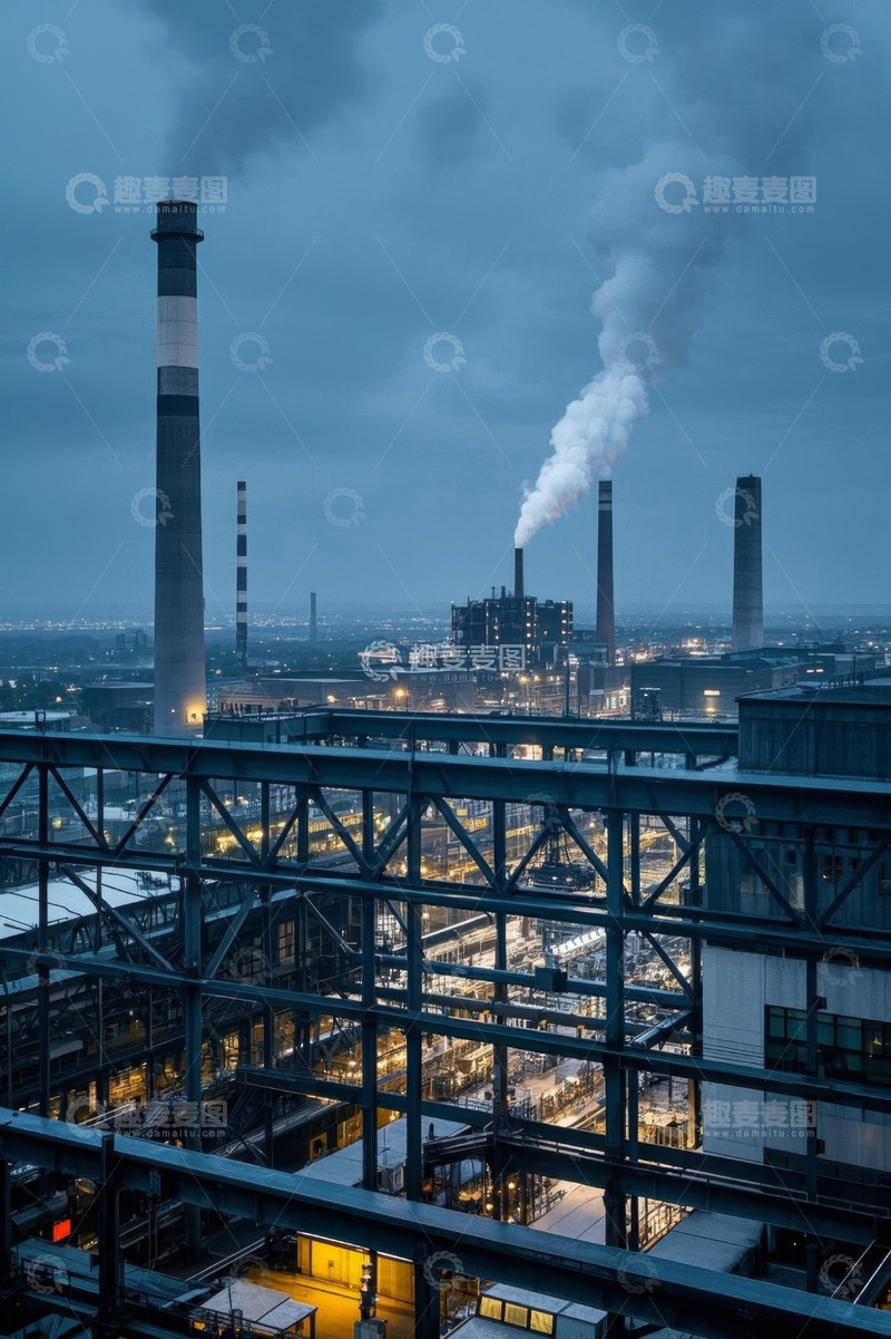 高清大图下载【趣麦麦图】工厂夜景与冒烟烟囱俯瞰