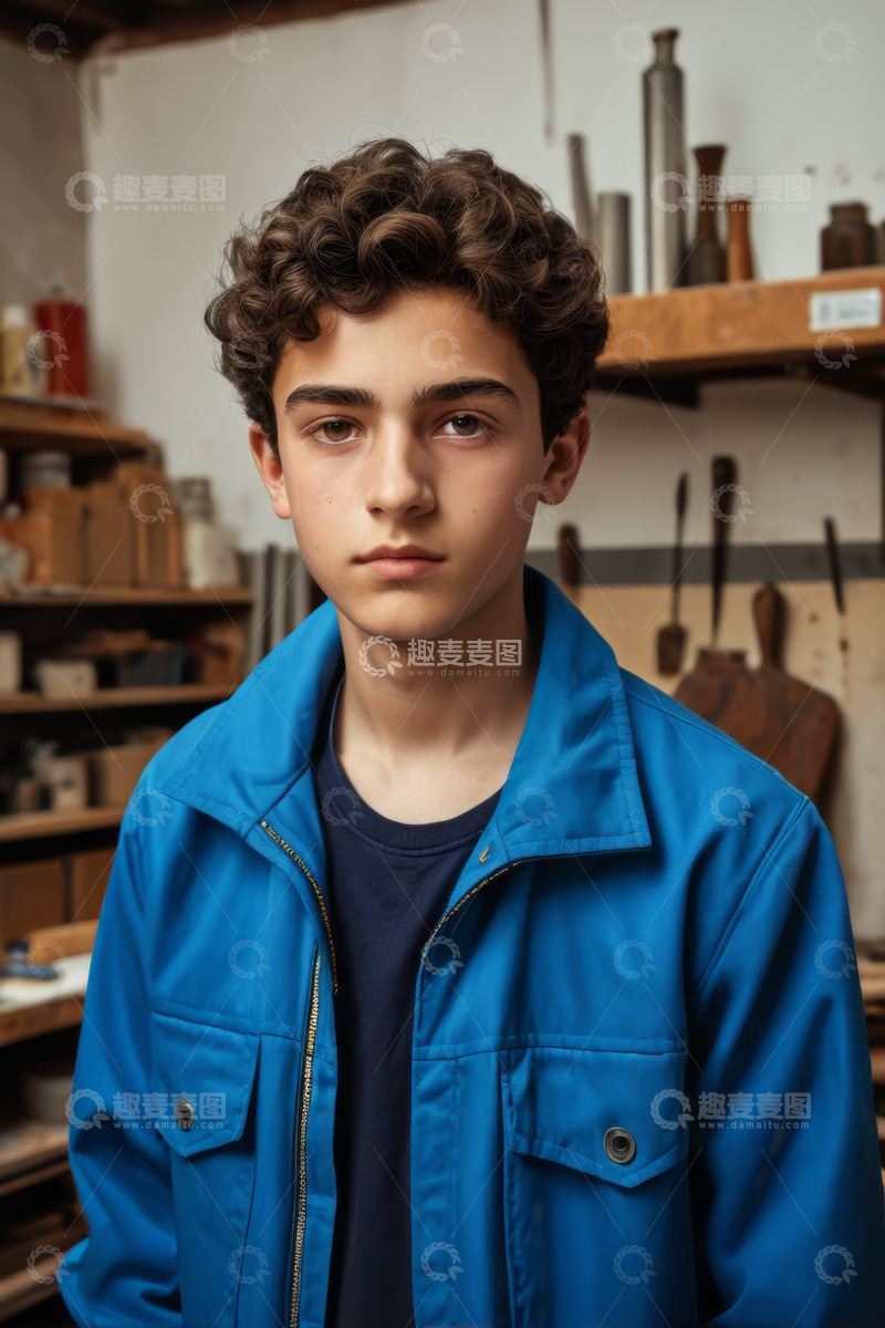 高清大图下载【趣麦麦图】工作室中穿蓝外套的男孩肖像