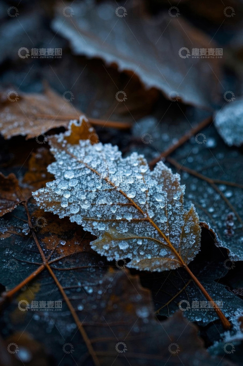高清大图下载【趣麦麦图】覆有水珠的秋冬枯叶特写