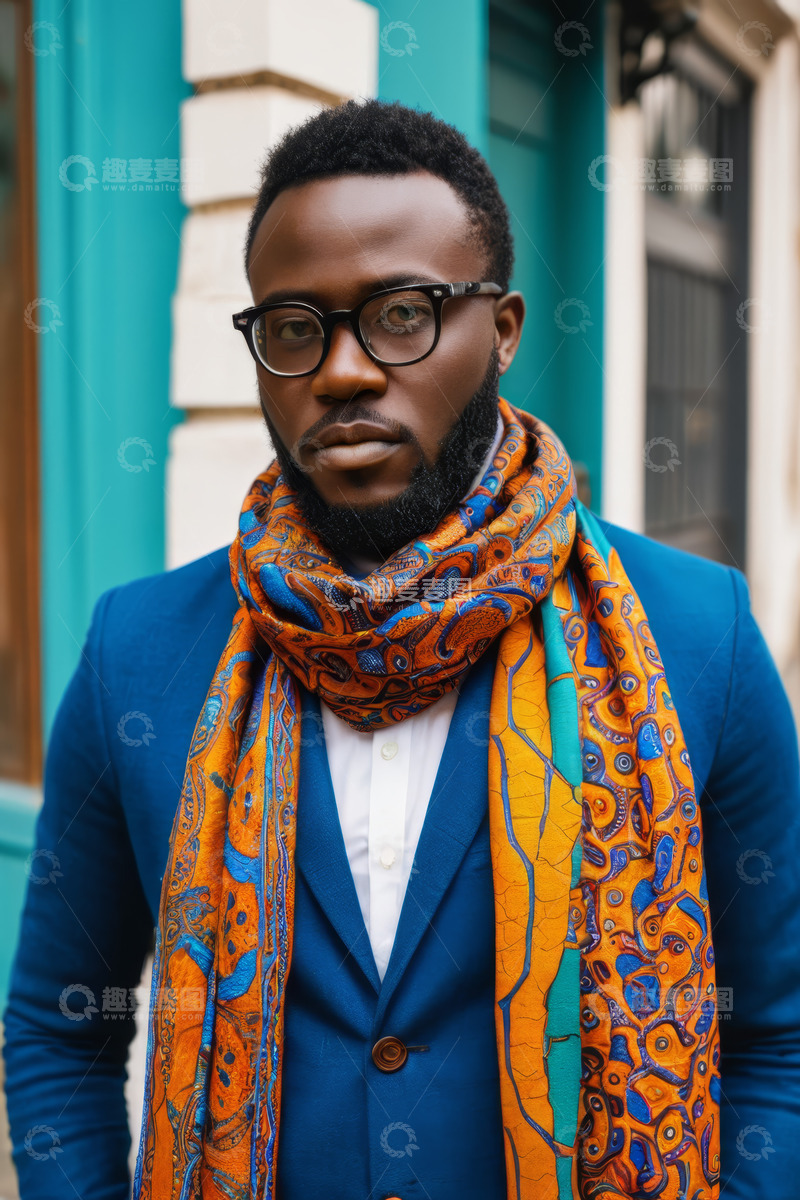 高清大图下载【趣麦麦图】穿着蓝色西装的非洲裔男子肖像