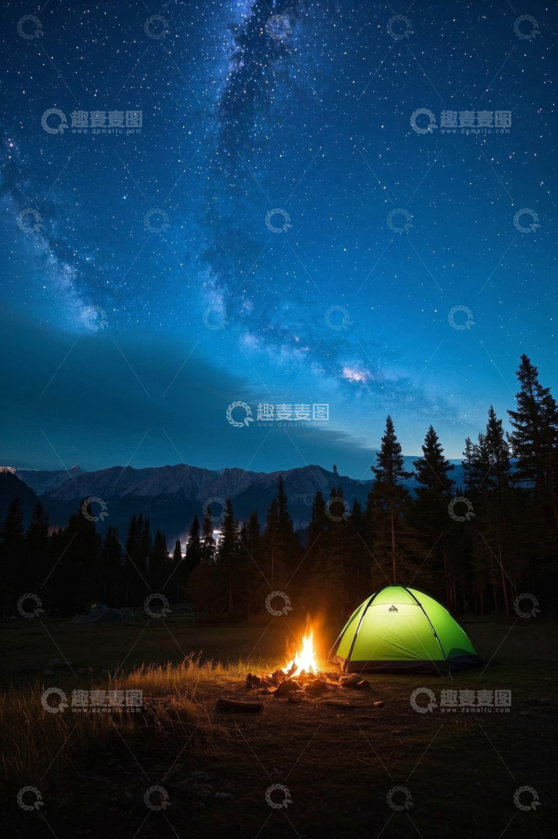 高清大图下载【趣麦麦图】野外露营星空下的帐篷与篝火