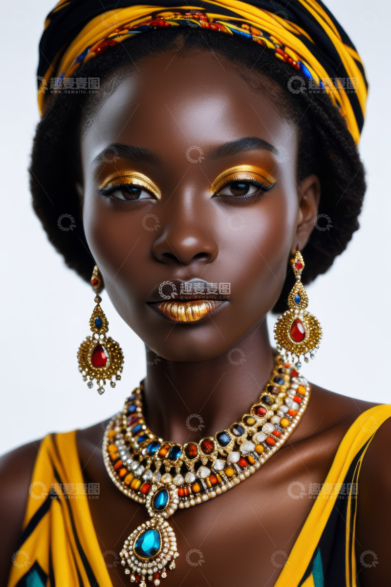 高清大图下载【趣麦麦图】非洲女性佩戴华丽首饰特写