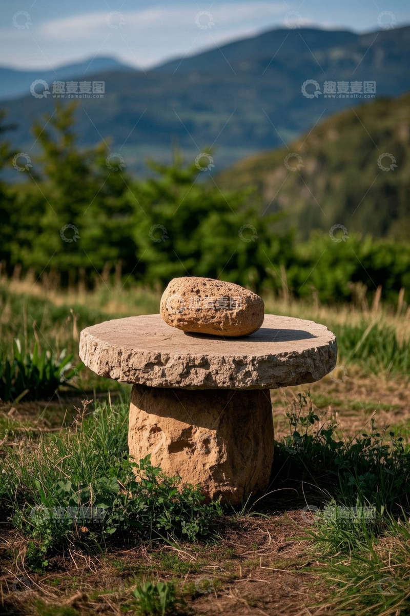 高清大图下载【趣麦麦图】户外草地上的石桌与石头