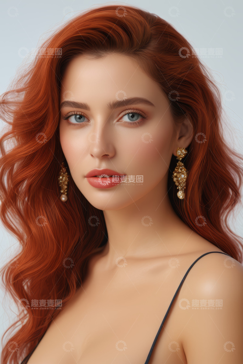 高清大图下载【趣麦麦图】红发女子佩戴耳环特写