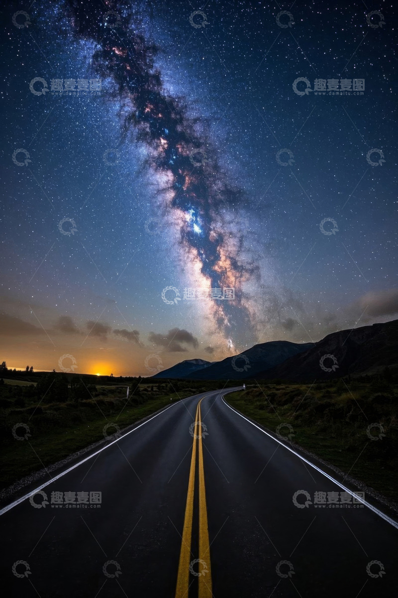 高清大图下载【趣麦麦图】公路夜景银河星空