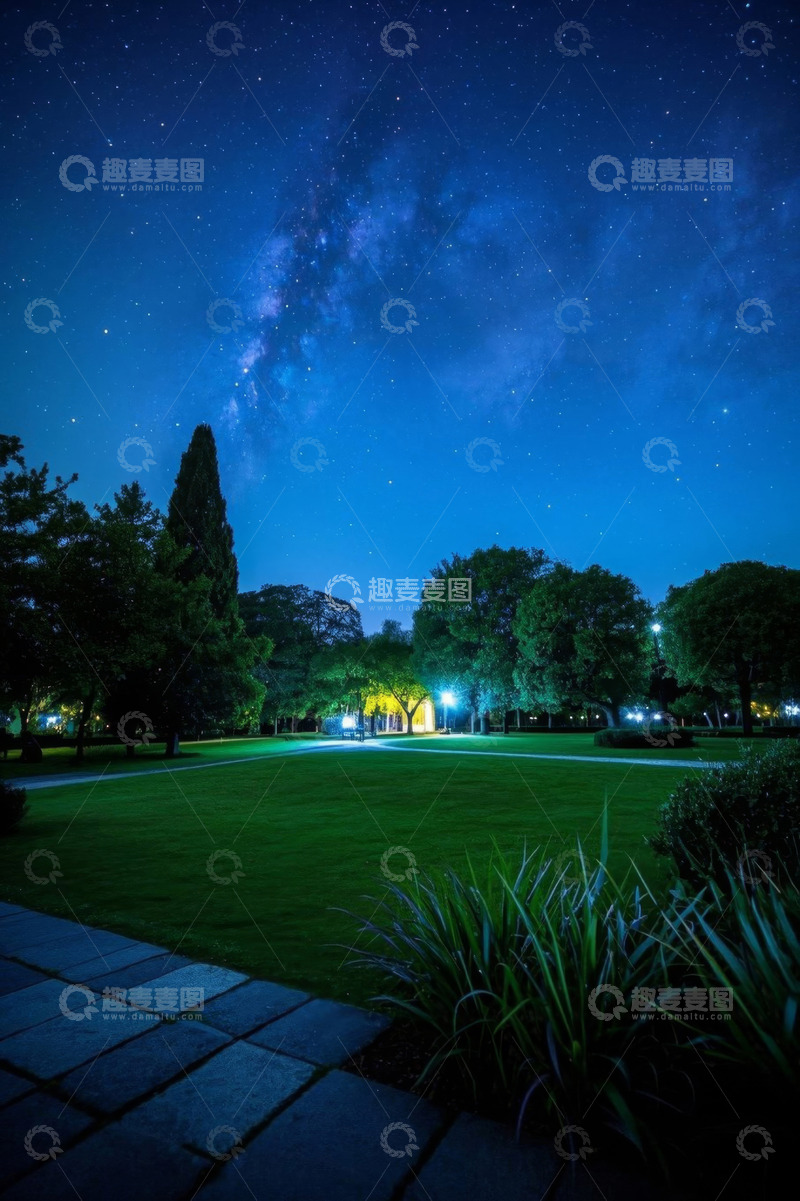 高清大图下载【趣麦麦图】公园草坪星空夜景
