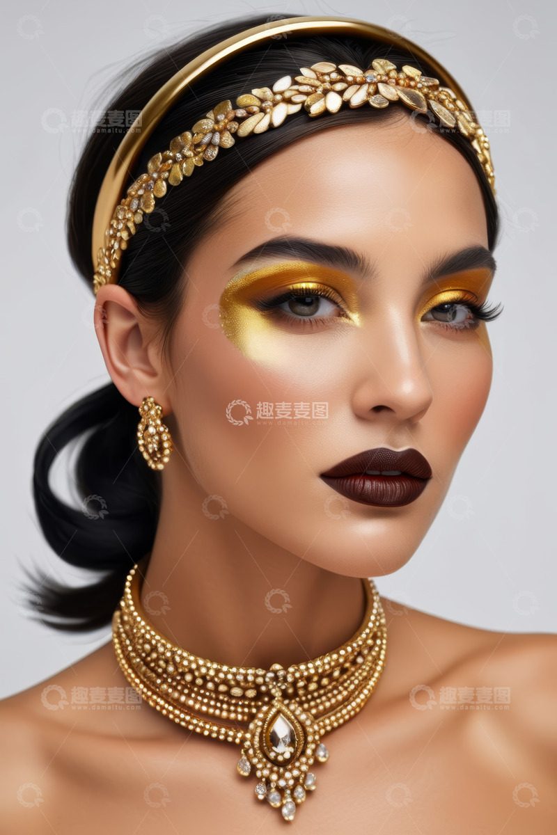 高清大图下载【趣麦麦图】佩戴金饰化浓妆的女性特写