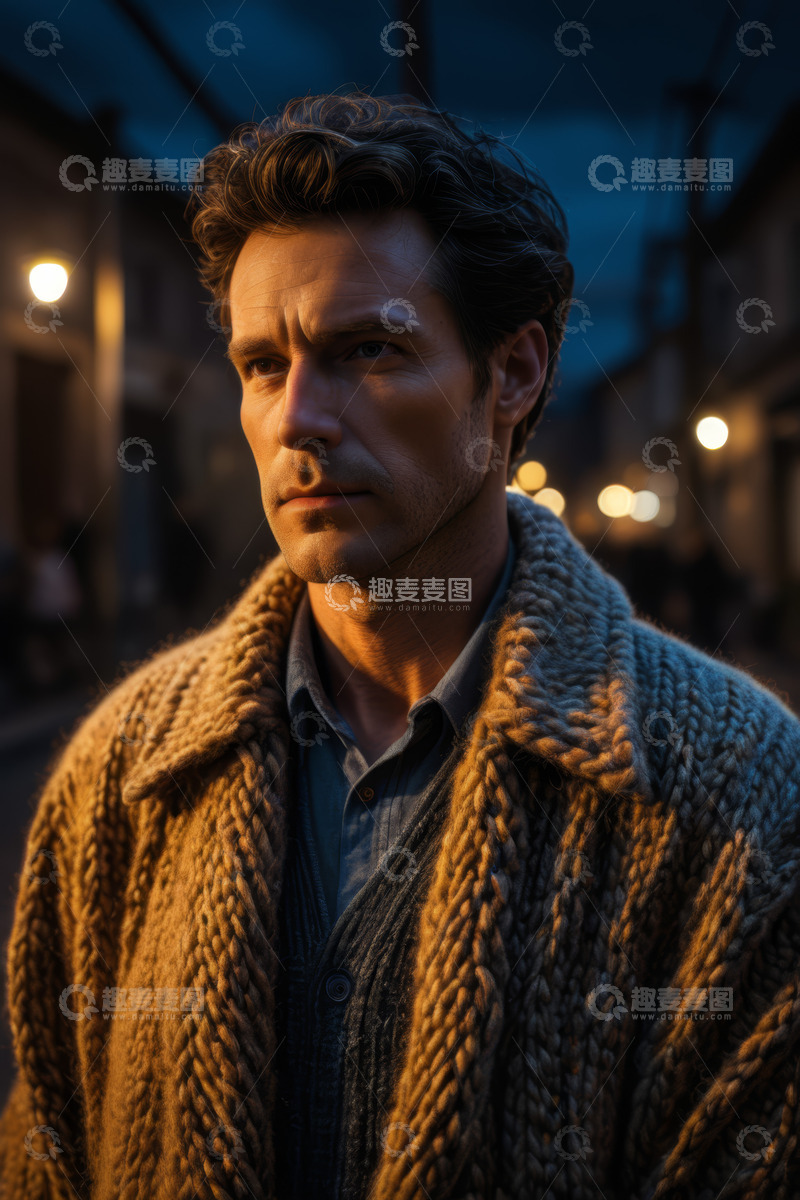 高清大图下载【趣麦麦图】夜晚街头身着毛衣的男子肖像