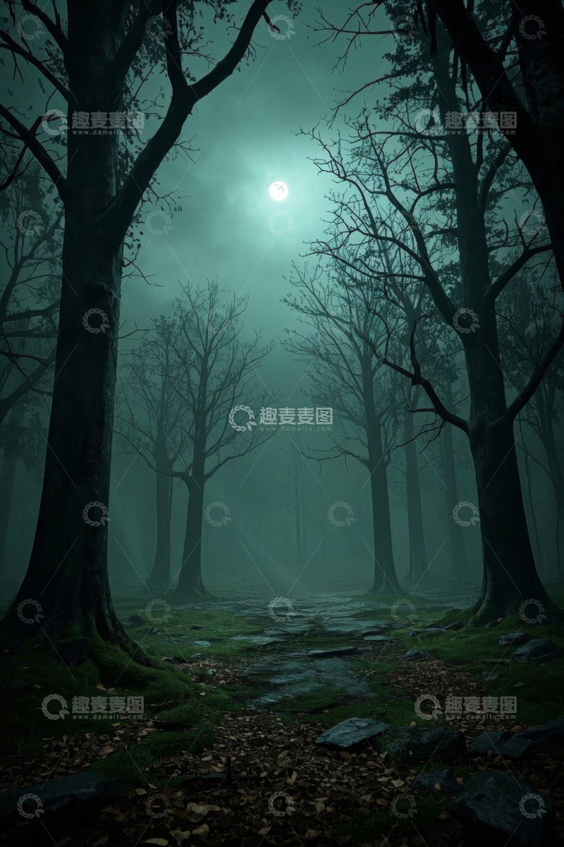 高清大图下载【趣麦麦图】月夜迷雾中的森林景象