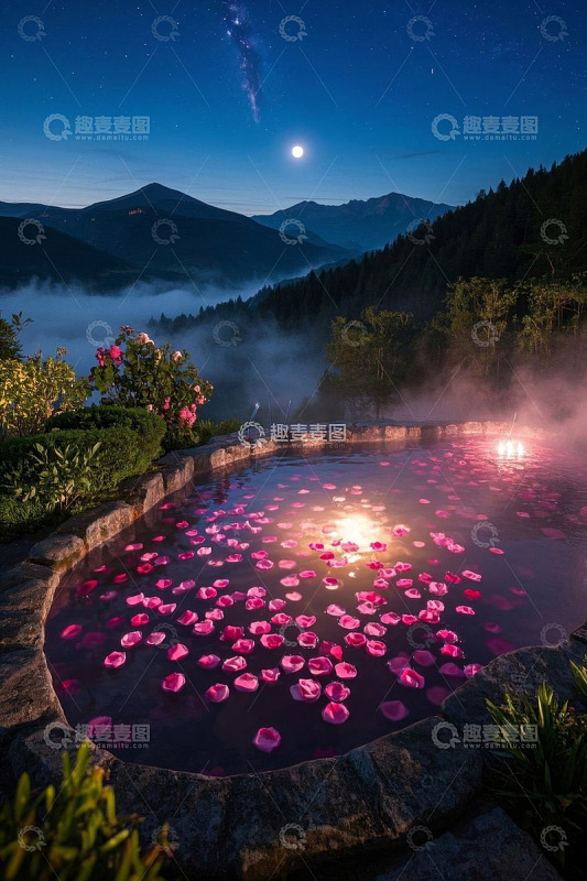 山间月夜玫瑰花瓣温泉池