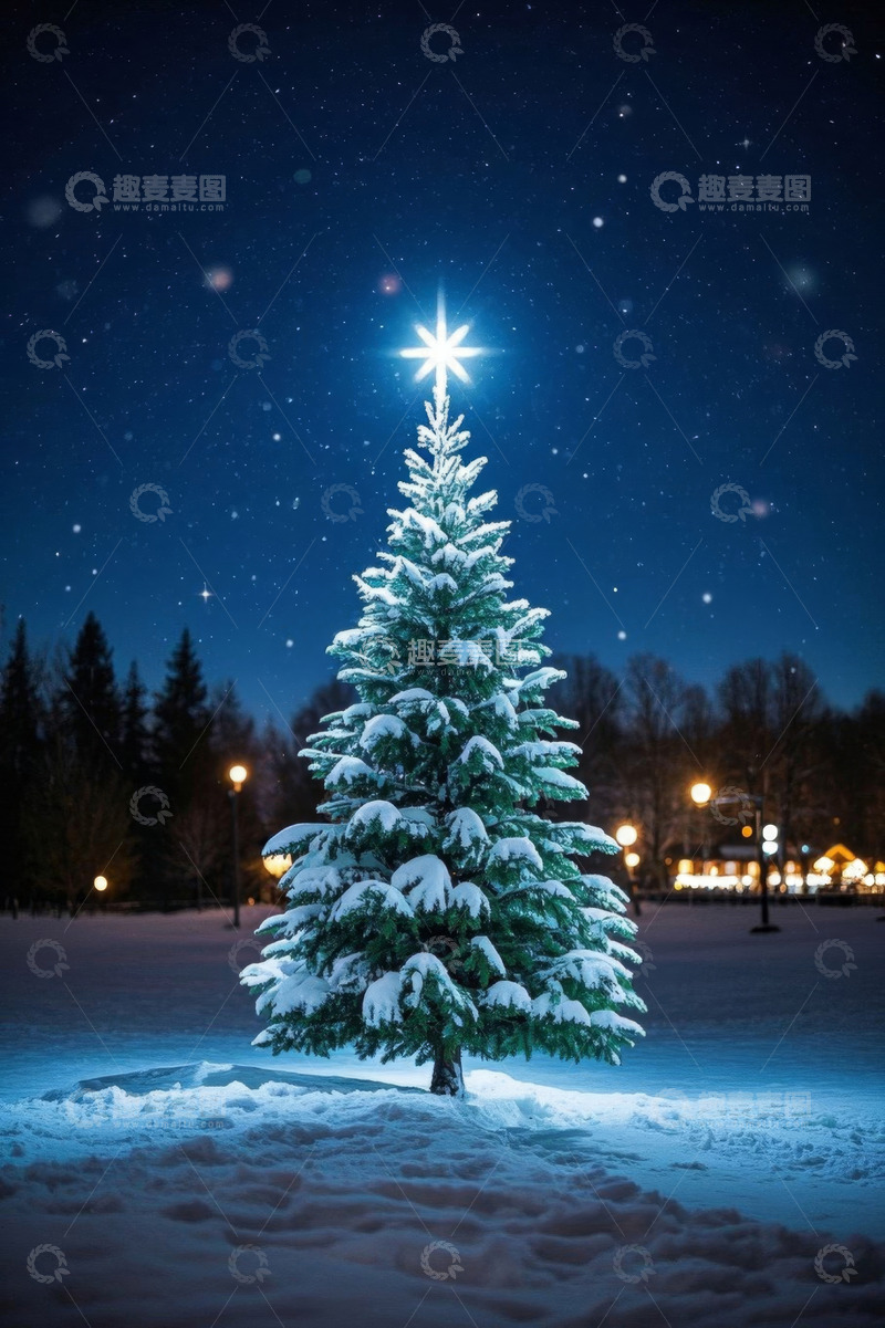 高清大图下载【趣麦麦图】雪夜中的圣诞树景观