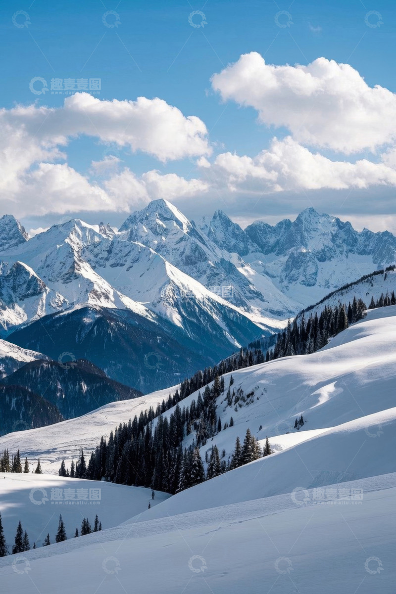 高清大图下载【趣麦麦图】雪山与松林的自然景观