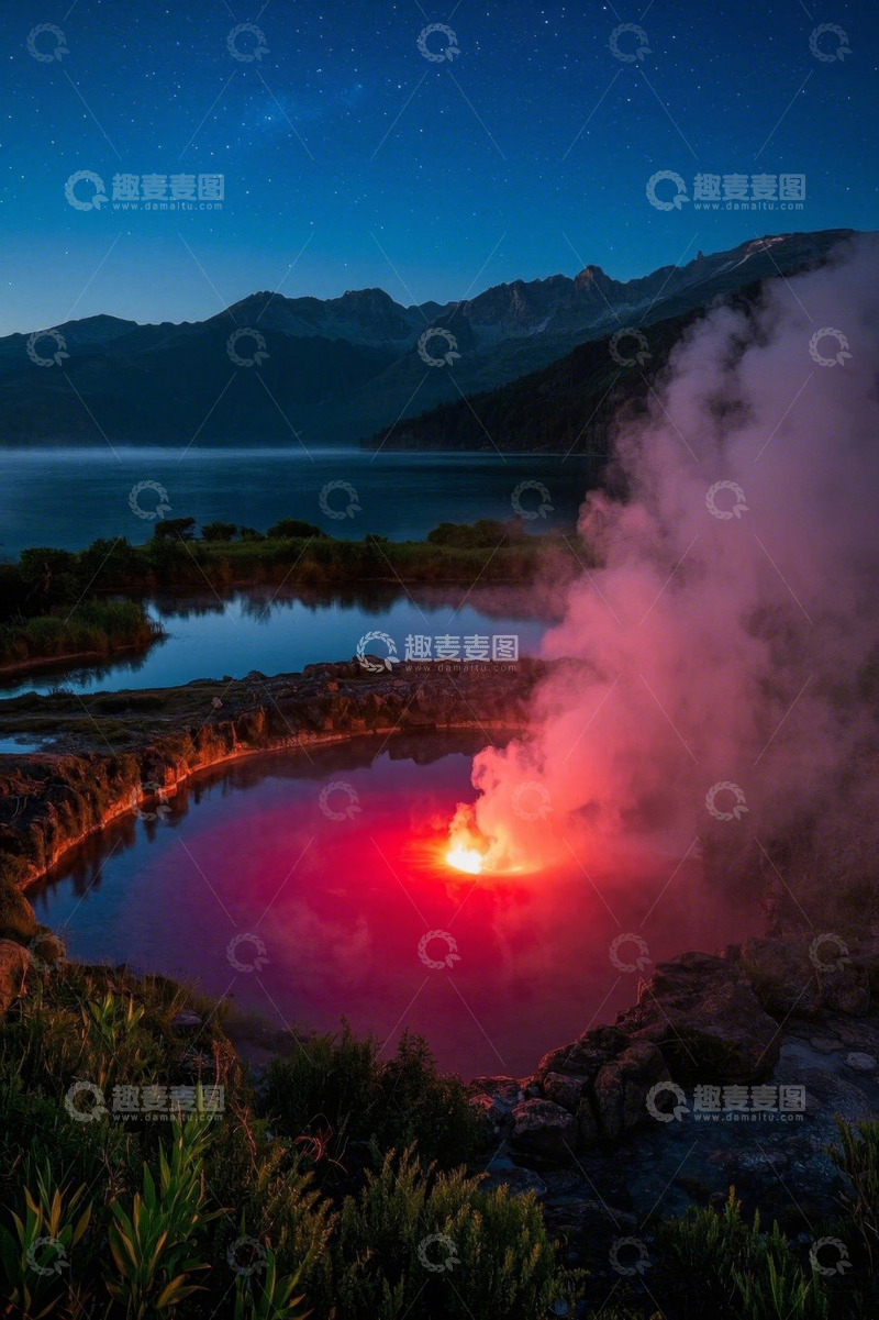 高清大图下载【趣麦麦图】夜晚山间冒红热泉景观