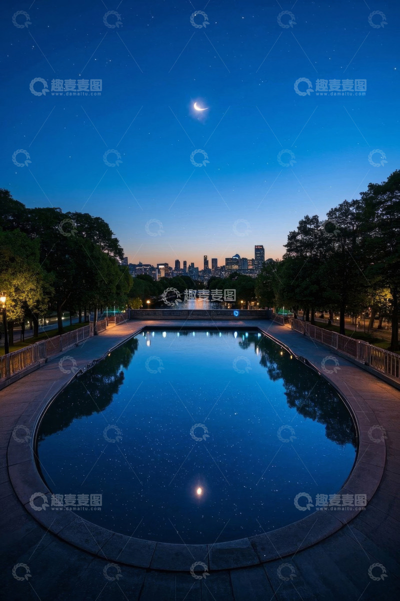 高清大图下载【趣麦麦图】月夜下城市景观与水池倒影